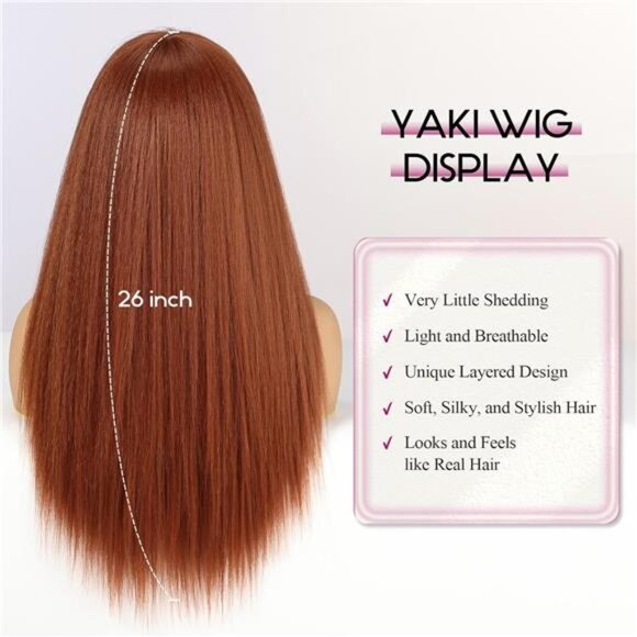 Long Straight Yaki Wigs for Women with Bangs Comfortable Elastic Band 26 - Picture 3 of 7